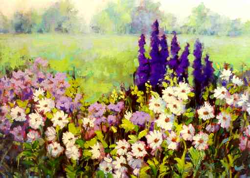 ''Daisies & Delphiniums II'' by Carol Reeves, Oil, 30'' x 40'' Landscape