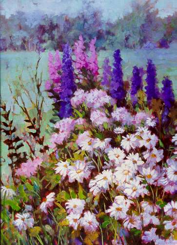 ''Daisys & Delphiniums'' by Carol Reeves, Oil, 30'' x 40''