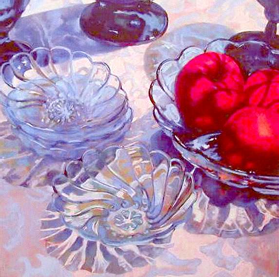"Berry Bowls & Nectarines" by Carol Reeves, Oil, 40" x 40"